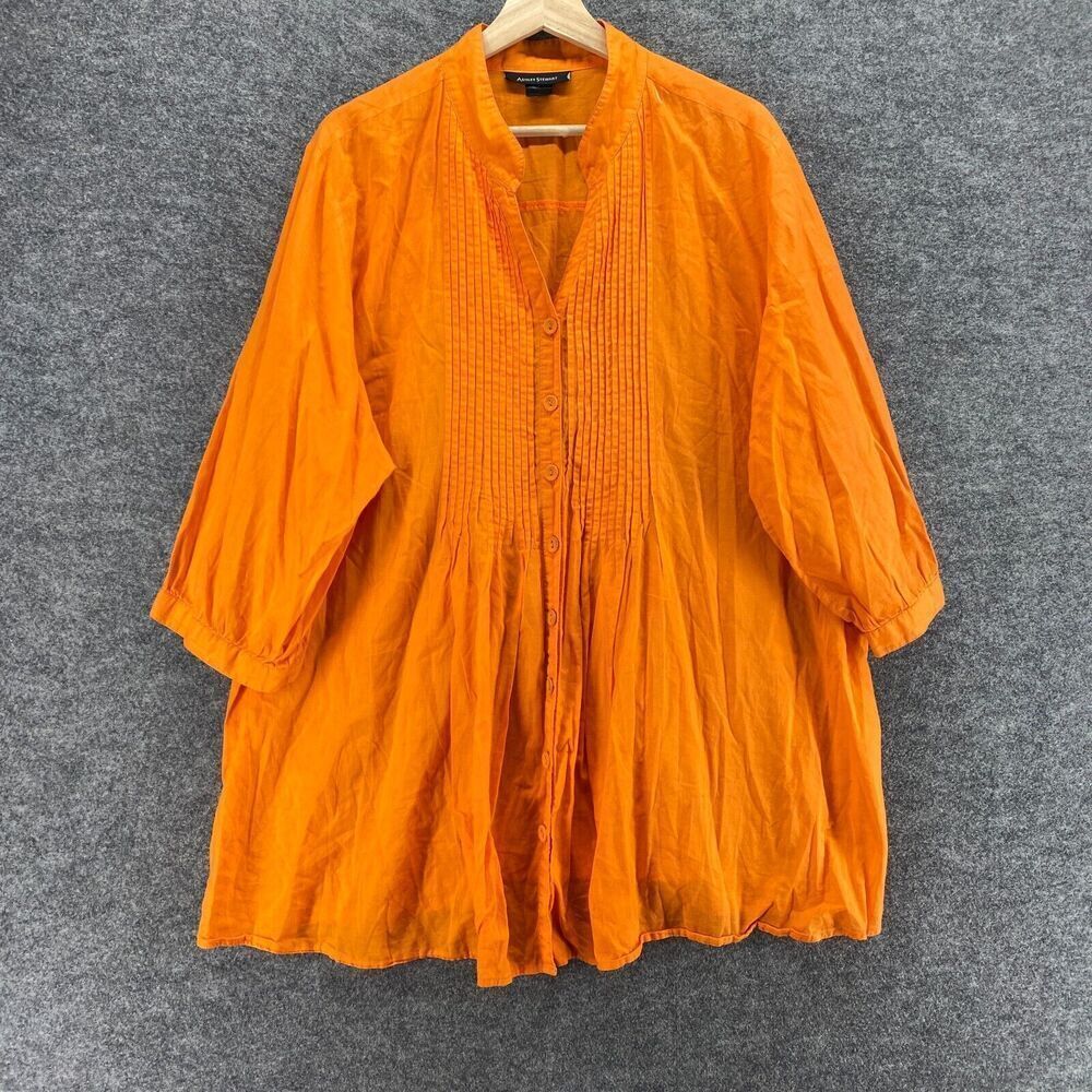 Ashley Stewart Shirt Women 24 Plus Orange Button Up V-Neck 3/4 Sleeve Cotton